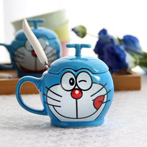 New Doraemon Cat Coffee Mug Cup With Lid Cartoon Tea Milk Ceramic Drinkware With Spoon Creative Friend Gift