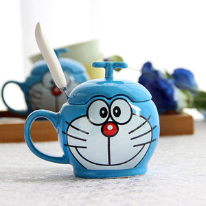 New Doraemon Cat Coffee Mug Cup With Lid Cartoon Tea Milk Ceramic Drinkware With Spoon Creative Friend Gift